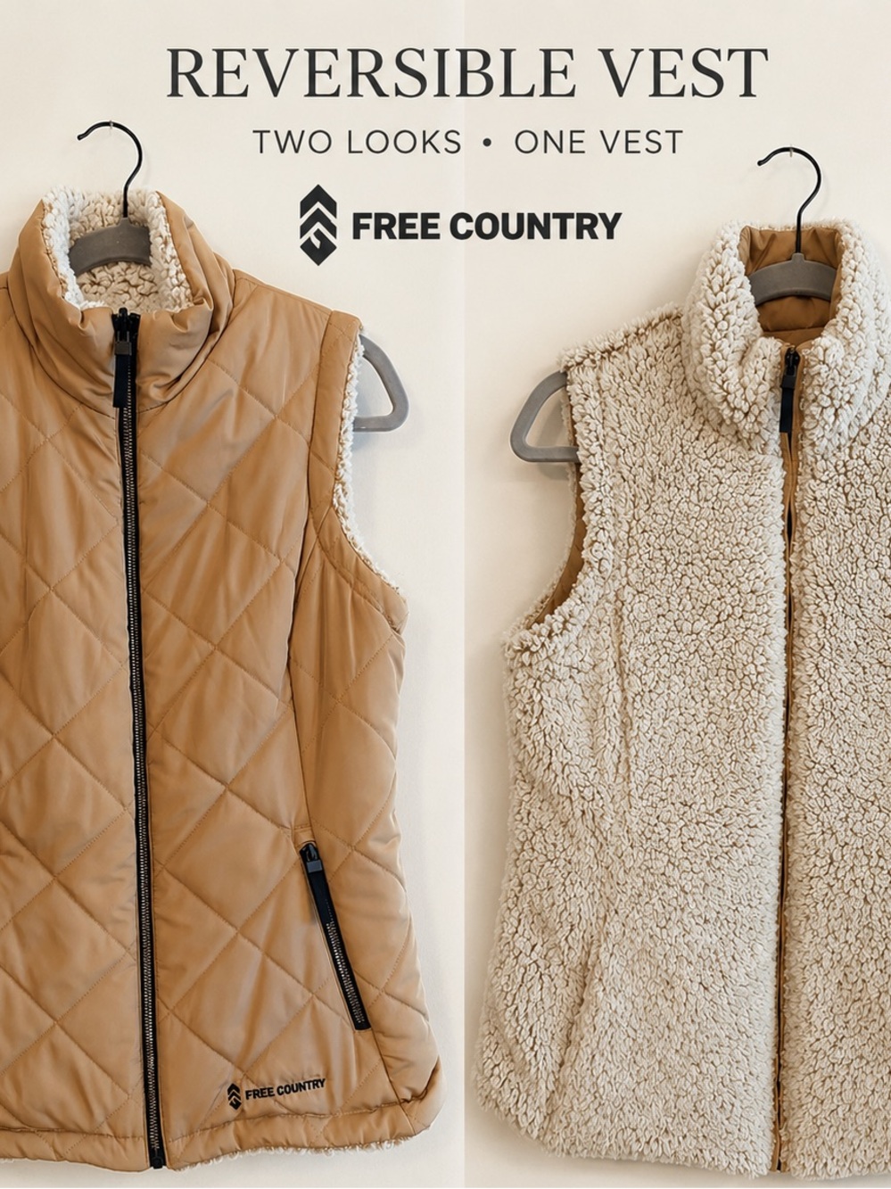 Free Country Reversible Sherpa Vest Women’s M Tan Quilted Cozy Fleece